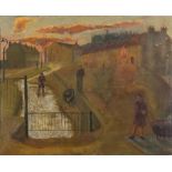 * Joan Lindop [20th Century]- Lewisham, Evening,:- signed bottom right oil on board, 60 x 74cm.