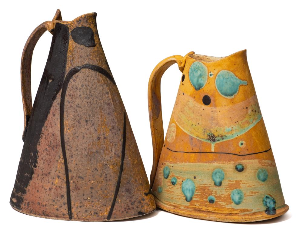 *Carlos Versluys (Contemporary) two hand built stoneware jugs: of flattened tapering form with