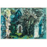 * John Piper [1903-1992]- Overgrown churchyard with view to arched wooded door,:- screenprint,