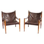 Erik Worts for N Eliersen, a pair of rosewood and brown leather 'Safari' chairs:, circa 1960s,