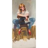 * Robert O Lenkiewicz [1941-2002]- Seated Girl; red hair, red shoes,:- oil on canvas, 178 x 88cm,