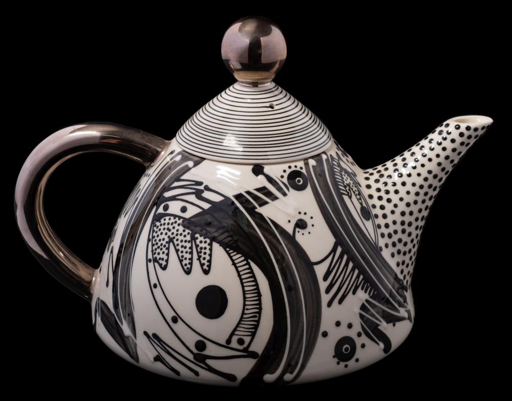 *Mark Dally (Contemporary) a pottery 'black and white' teapot and cover: of dome shaped form