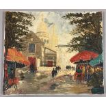 A signed textural oil on Canvas of a French street scene with the Sacre Coeur in the background.