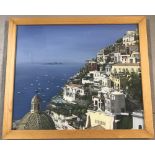 J.T. Rennison signed photorealism oil painting on canvas of Positano hillside coastal scene.