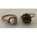 2 ladies 9ct gold dress rings. One set with garnets the other with a single pearl.