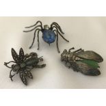 3 vintage bug brooches all with stone set bodies.