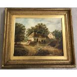 A vintage gilt framed oil on canvas, signed G. Butler 1903 depicting a rural cottage scene.