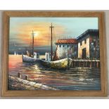 Max Savy? Signed oil on board painting depicting boats in a harbour at sunset.