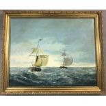 A gilt framed oil on canvas of tea clipper ships. Signed to bottom right by local artist G.R. Davis.