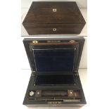 Antique rosewood writing slope with inlaid Mother of pearl cartouche to lid engraved with initials.