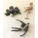 3 costume jewellery stone set bird brooches.