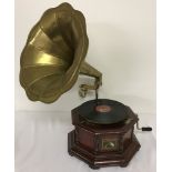 A reproduction " His Masters Voice " gramophone with trumpet.