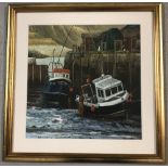 Framed and glazed unsigned oil painting of fisherman and boats in harbour.