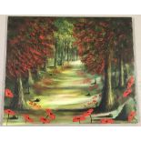 An unsigned oil on canvas painting of a woodland scene with poppies in the foreground.