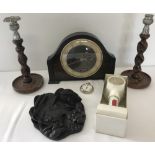 A box of assorted misc. items to include a vintage wooden cased Smiths mantel clock.