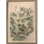 An oriental watercolour on silk depicting a mountain side scene.