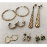 6 pairs of 9ct gold earrings in stud, hoop and drop designs.