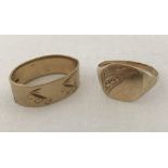 2 vintage 9ct gold rings. A 6mm wedding band and a mens signet ring with half engraved detail.