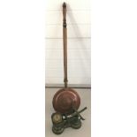 A vintage set of weighing scales with brass weights together with a copper & brass bed pan.