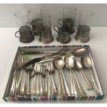 6 silver plated coffee glass holders together with a quantity of silver plate cutlery.