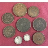 7 19th century Canadian Colonial coins/tokens together with 2 George V silver Canadian cent coins.