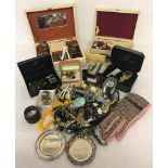 A box of assorted vintage jewellery and costume items to include watches, gloves & jewellery boxes.