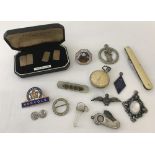 A boxed set of gold on silver cufflinks together with a collection of pendants, badges & penknives.