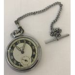 A vintage chrome cased Ingersoll pocket watch complete with watch chain and T bar.