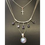 3 silver necklaces. A grey mabe pearl pendant set in 925 silver on a fine 18" belcher chain.
