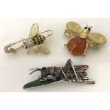 3 costume jewellery stone set brooches in the shape of insects.