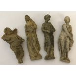 4 vintage sandstone wall hanging statues depicting classical ladies and a cherub.