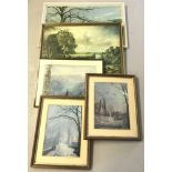 5 vintage framed prints to include a pair of framed and glazed moonlight scenes.