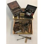 2 boxes of vintage engineering tools together with 2 vintage boxwood Archimedes twist drills.