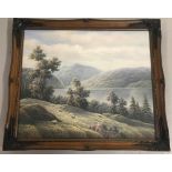 A framed oil on canvas of landscape scene depicting horned sheep to foreground by P. Wilson.