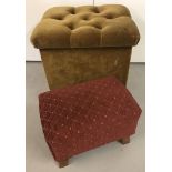 A vintage linen/storage box with gold velvet upholstery together with a modern footstool with dark