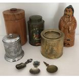 A collection of assorted tea related items comprising canisters, caddies and spoons.