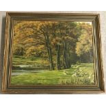 B.G Cook signed Autumnal oil painting with grazing sheep in foreground.