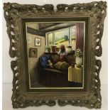 Peter Kotka signed original oil on panel entitled "A Girl at a Window" in ornate gilt frame.
