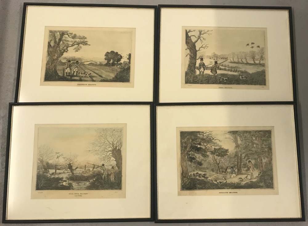 A set of 4 framed and glazed H. Alken coloured prints depicting hunting scenes, dated 1820.