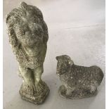 2 vintage concrete garden ornaments, a lion together with a sheep.