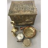 An early to mid 20th century brass covered pine log box together with contents.