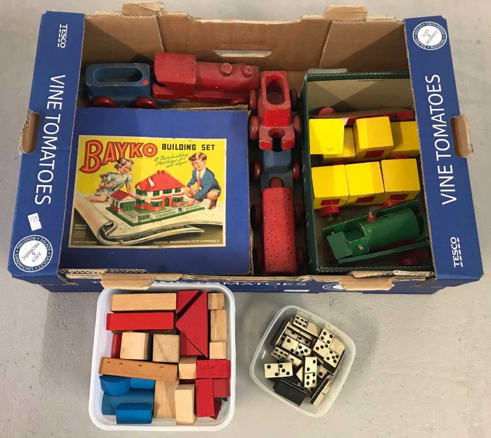 A box of mixed vintage toys.