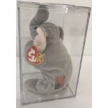A rare Beanie Babies Righty elephant, style 4086 1996 with American flag upside down.