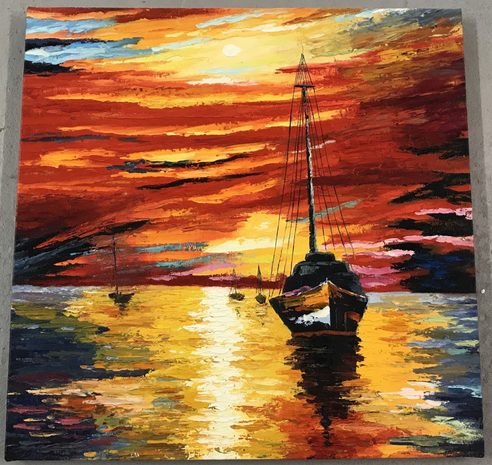 An unsigned oil on canvas of a sailing vessel at sunset.