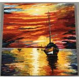An unsigned oil on canvas of a sailing vessel at sunset.