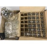 A box of mixed glassware to include 25 sherry glasses and a cheese dish.