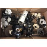 A box of vintage electrical lighting parts to include wall lights, plugs and sockets.