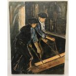 An oil on canvas " Men Of Steel" by Linford France. Signed to bottom.