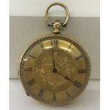 An 18ct yellow gold cased fully engraved, key wound open face ladies pocket watch.