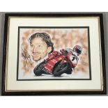 A colour Karen Middleton print of Carl Fogarty driving his Ducati racing motorcycle.